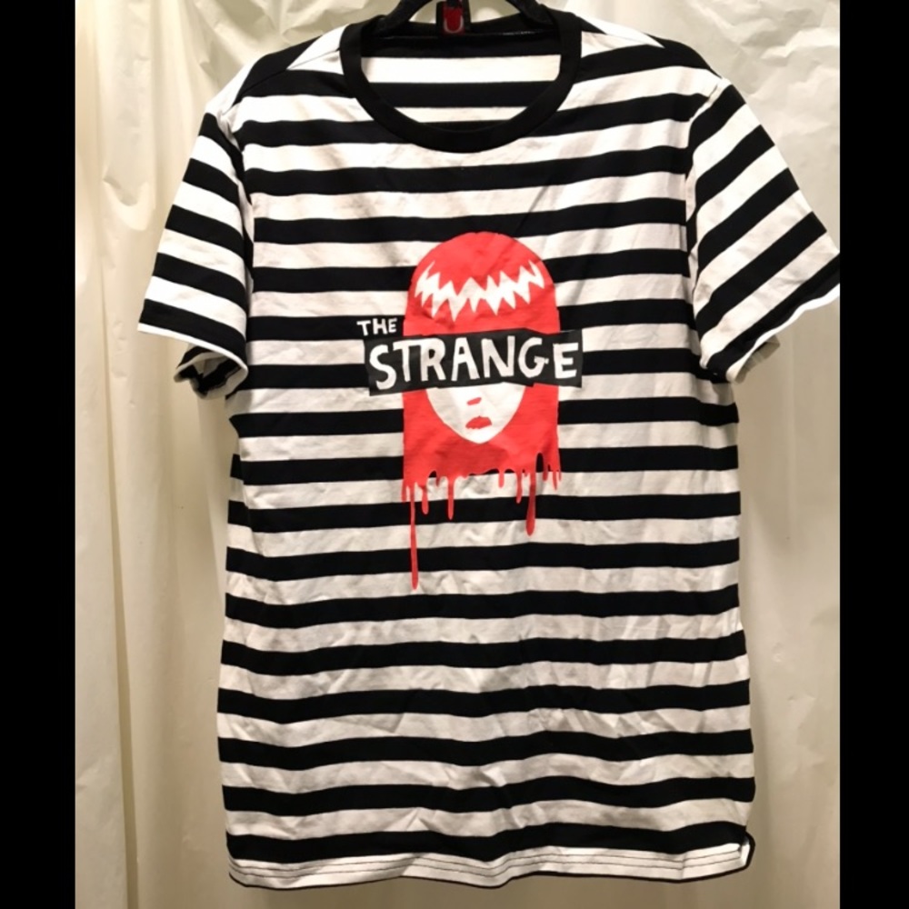 Dolls Kill Black & White Striped 'The Strange' Graphic Tee with Red Accent